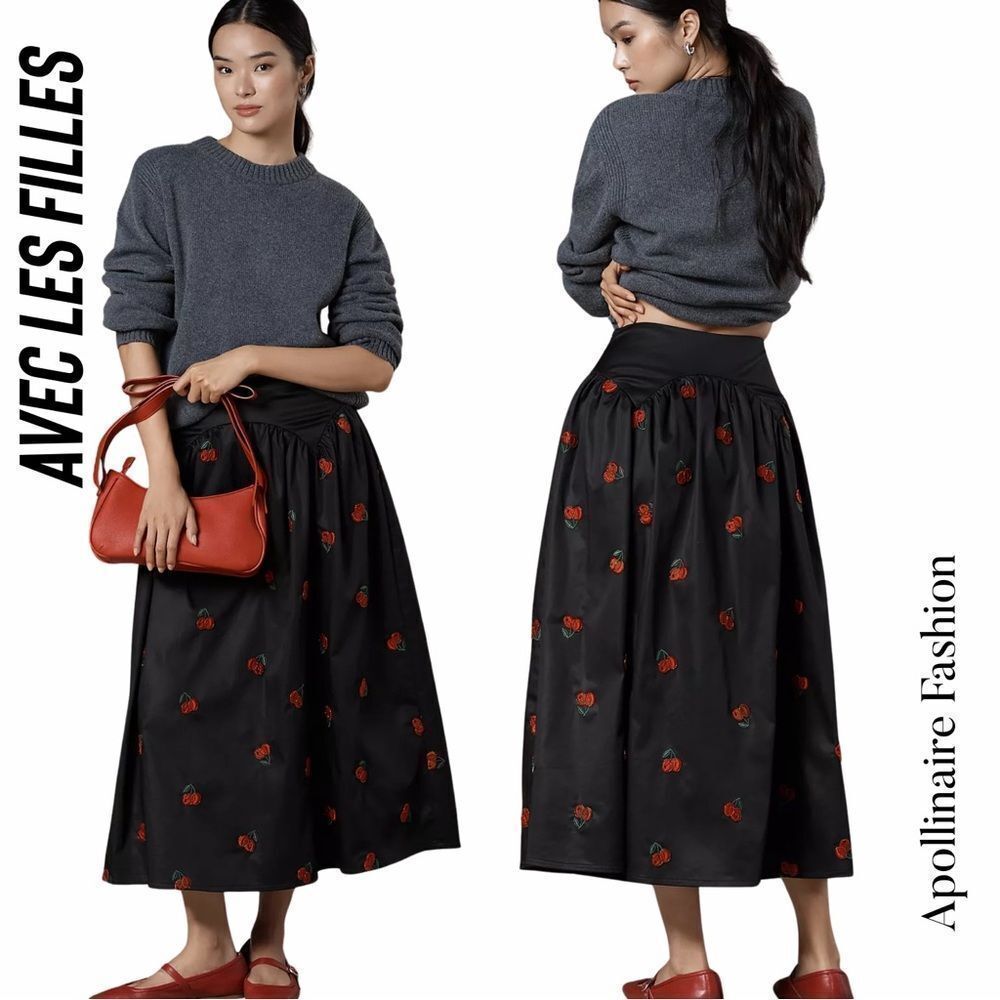 Avec Les Filles Black A-Line Skirt with Red Cherry Appliqué Design Large NWT